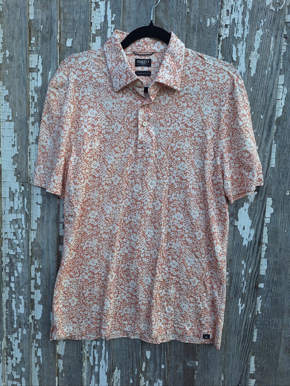 Faherty Movement Polo Shirt Mens Orange Floral Performance Stretch Size Medium